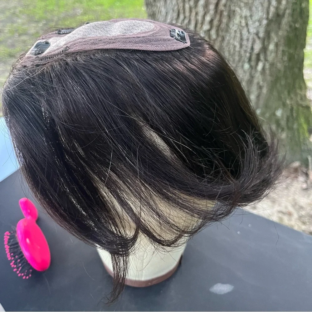 100% HUMAN HAIR TOPPER WIG CLIP IN TOUPE DARK BROWN SHORT GUC SMALL BASE